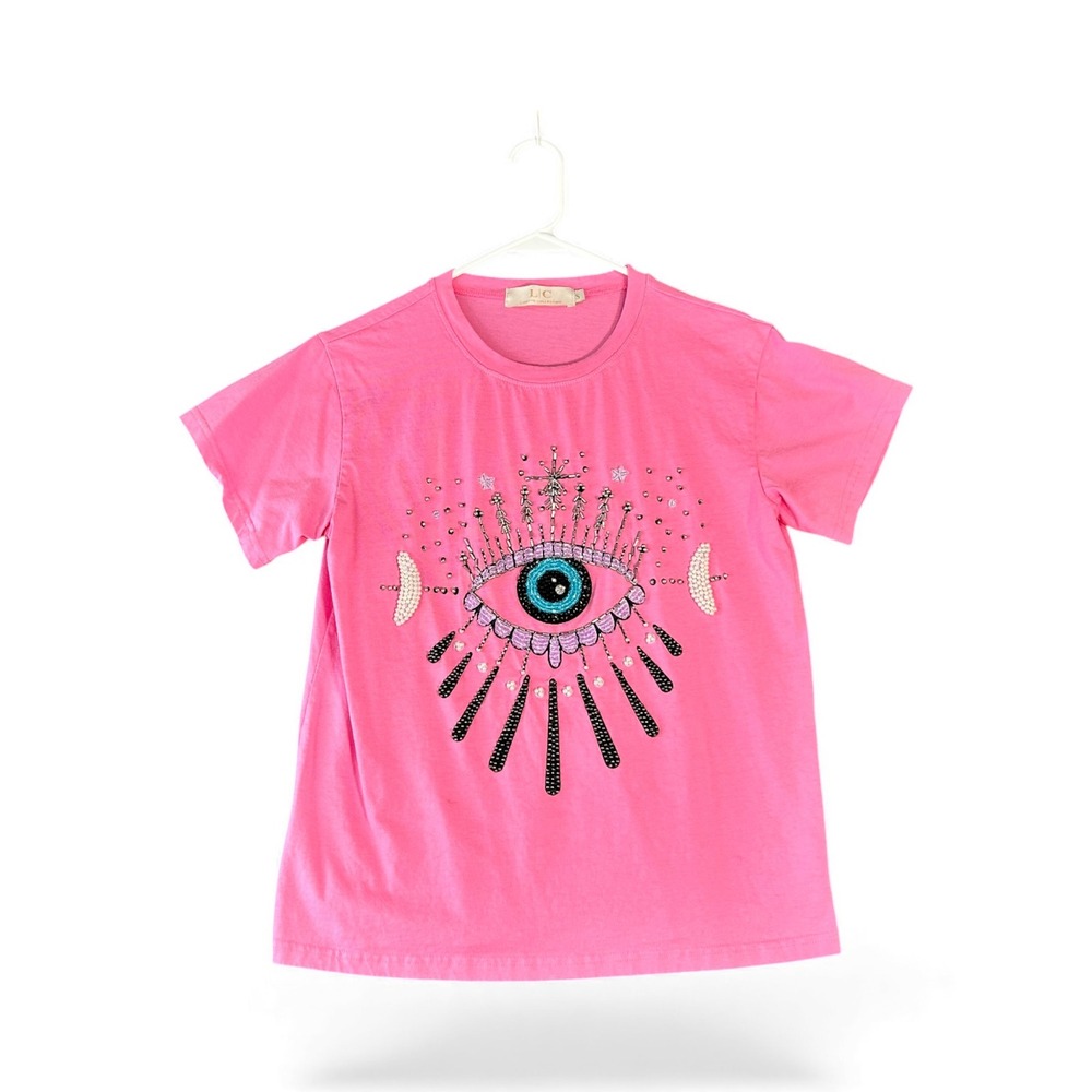 LC Lizette Collection Pink Embellished Eye Graphic‎ T Shirt Women Size S